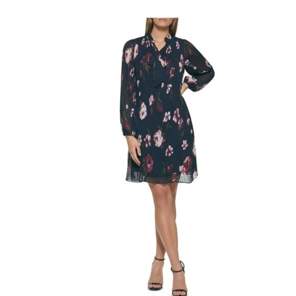 DKNY Dress Long Sleeve Shift Floral Vneck Knee Length Sz 2 - Picture 1 of 7